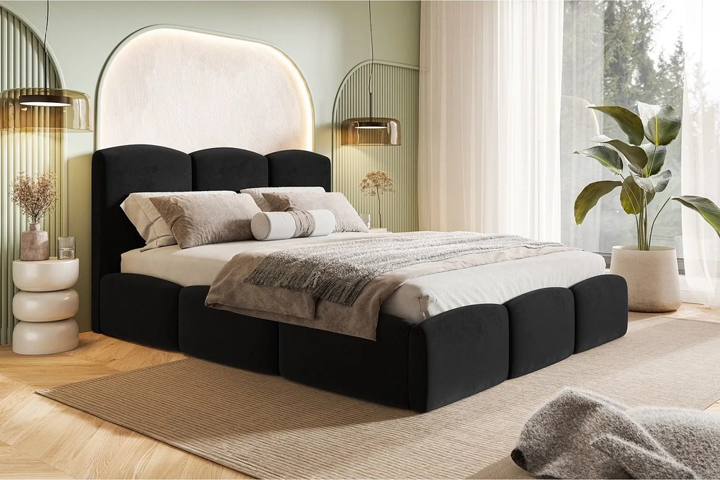 Łóżko dwuosobowe 200x200 Roma Slim - gruba pianka, stelaż metalowy, pojemnik - aksamit czarny (Amor Velvet 4322)