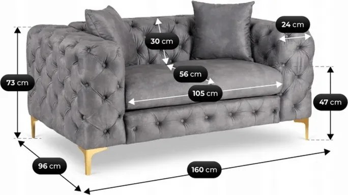 Sofa SORRENTO 2S Dwuosobowa Szara Welurowa Glamour
