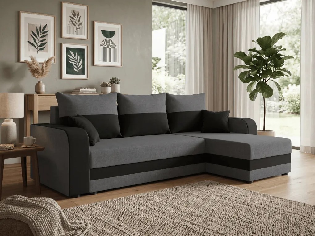 Rozkładana narożna sofa VALERIO 238x140 cm, ciemnoszara/antracytowa, uniwersalna + 2 poduszki GRATIS