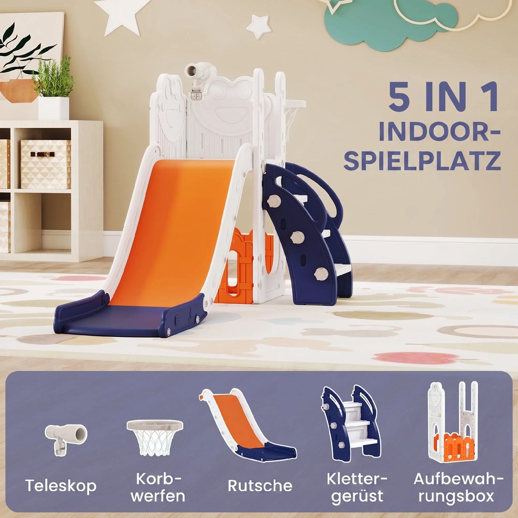 AIYAPLAY Zestaw zjeżdżalni 5-w-1, teleskop, kosz do koszykówki, plastik, Pomarańczowy+Granatowy | Aosom PL