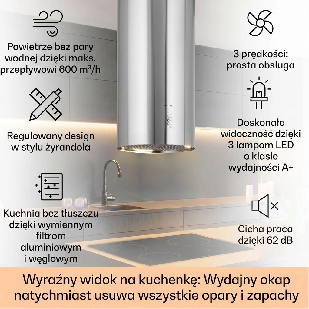 Klarstein Bolea 90cm 651m³/h Okap Wyspowy Srebrny
