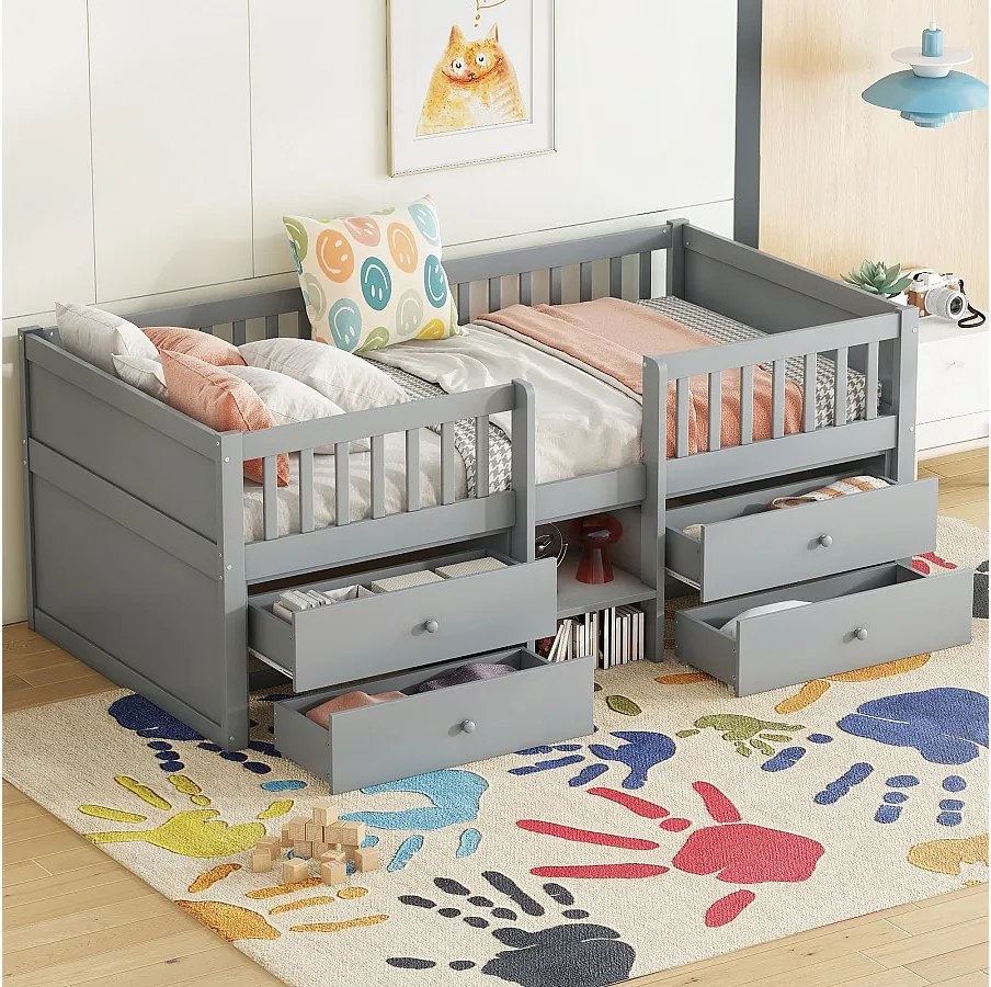 Łóżko dziecięce 90x200 cm z 4 szufladami do przechowywania i barierkami ochronnymi, szare – bez materaca