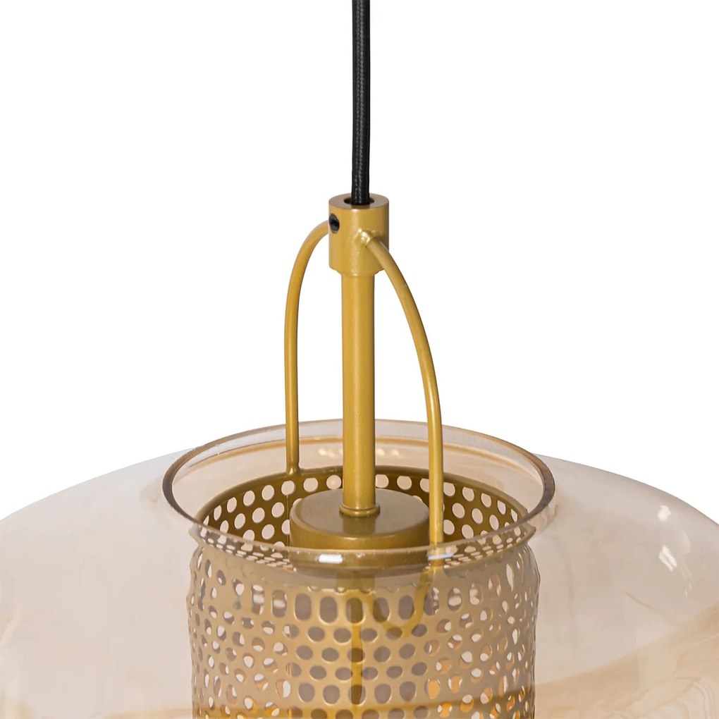 Lampa wisząca złota z bursztynowym szkłem 30 cm owalna 3-światłowa - Kevin ArtDeco Oswietlenie wewnetrzne