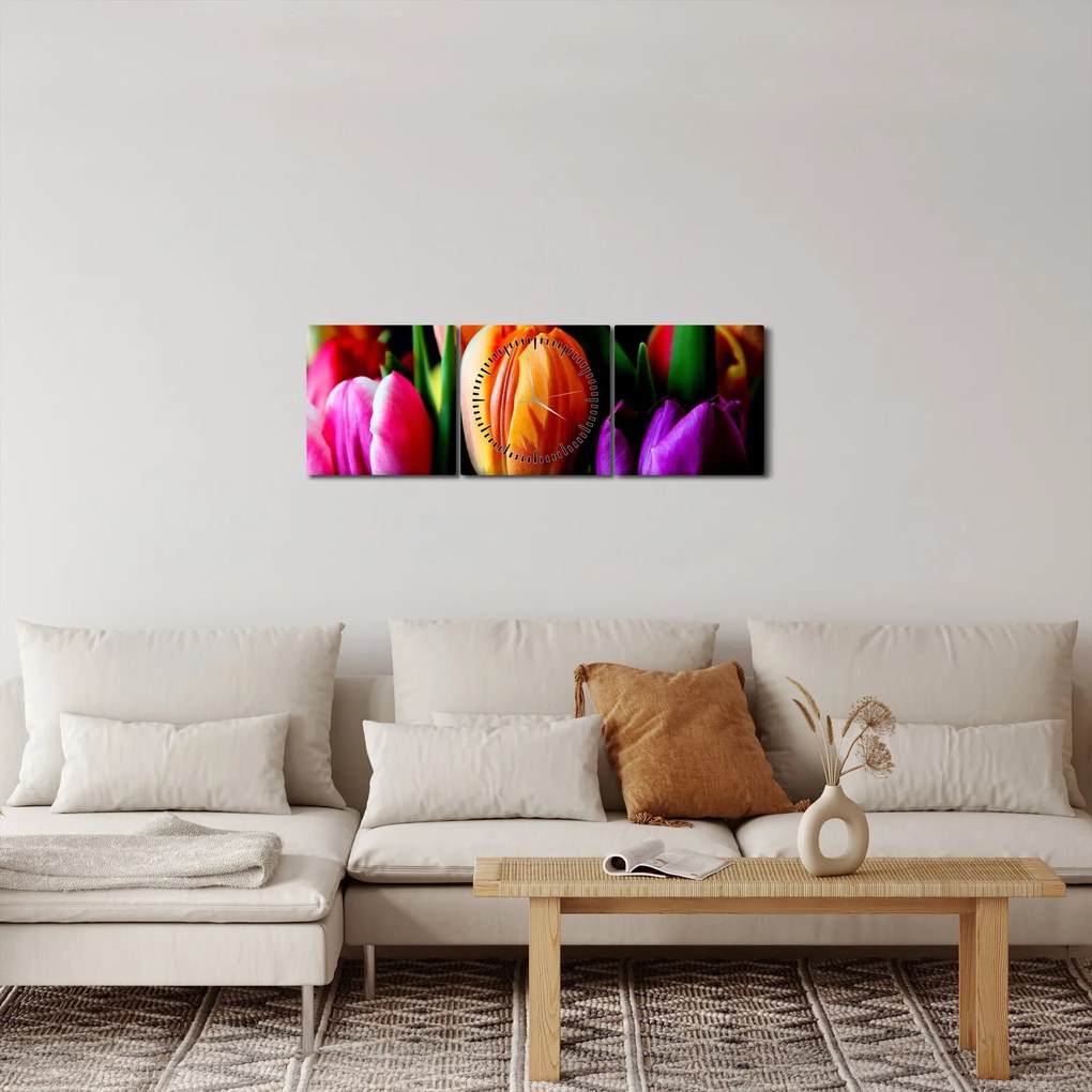 Obraz tulipanów na czarnym tle (z zegarem) (90x30 cm)