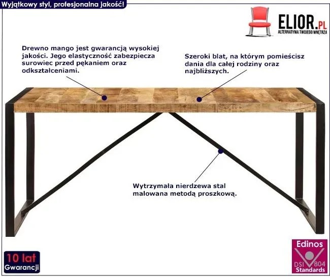 Industrialny stół z drewna mango 90x180 - Fulo 4X