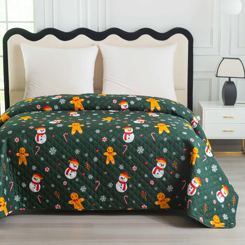 Narzuta na łóżko SNOWMAN AND GINGERBREAD, zielona Rozmiar: 170 x 210 cm