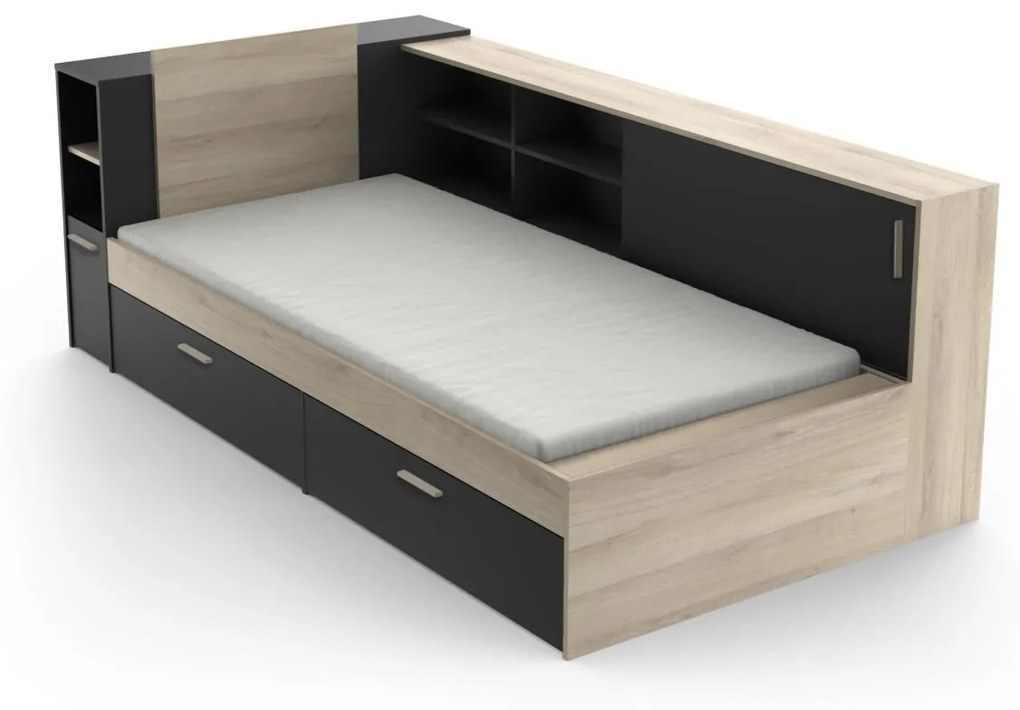 Łóżko modułowe 90 x 190/200 cm ze schowkami - Czarny i naturalne drewno - LIARA