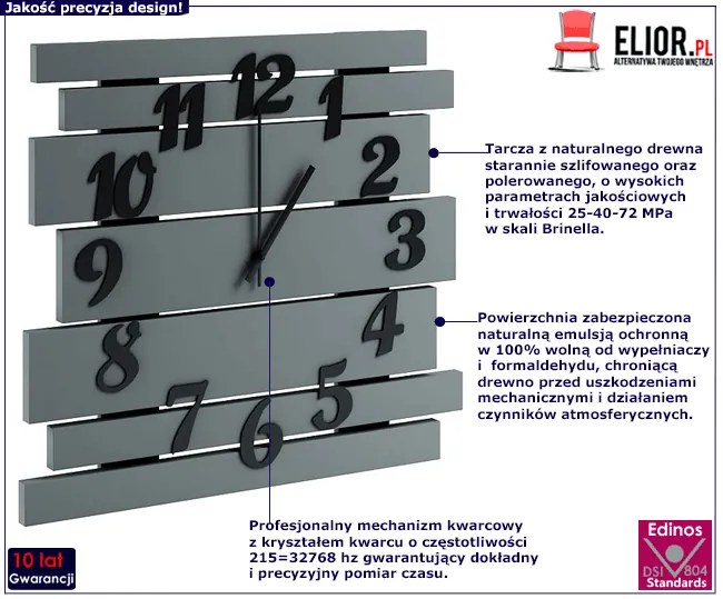 Szary zegar ścienny z drewna Rosiwo