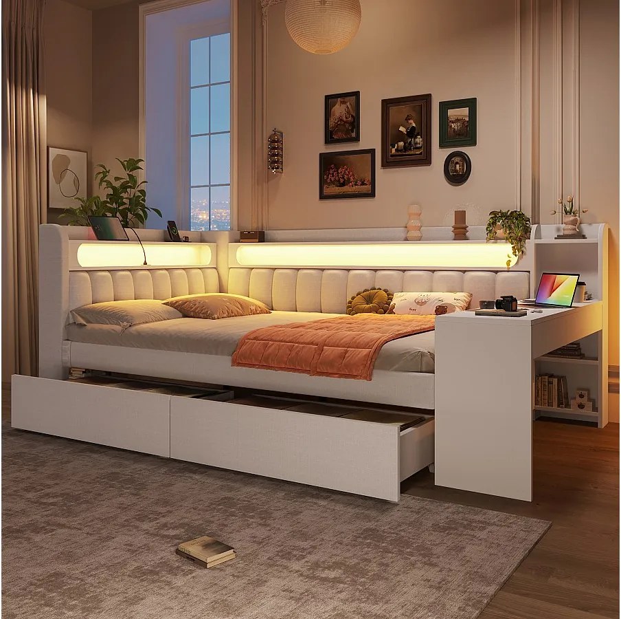 Sofa dziecięca rozkładana - 140 x 200 cm - z diodami LED + USB + biurko + 2 szuflady - płyta MDF + pościel - biała