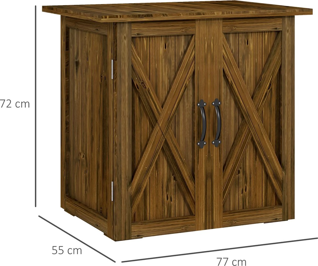 Outsunny Szafka na Narzędzia Ogrodowe z Podwójnymi Drzwiami, Zamknięcie Magnetyczne, Odporna na Warunki Pogodowe, Drewno Naturalne, 77S x 55G x 72W cm, Brązowy