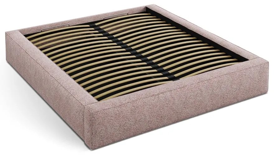 Jasnoróżowe tapicerowane łóżko dwuosobowe ze schowkiem i stelażem 160x200 cm Simon – Micadoni