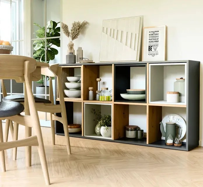 Nowoczesny stojący regał na książki antracyt + dąb artisan F3-H81