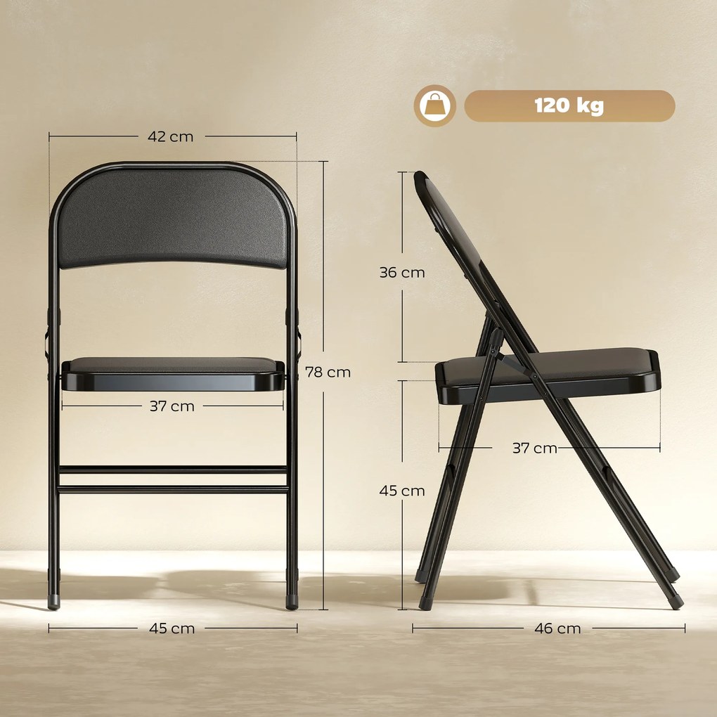 HOMCOM Zestaw 2 Składanych Krzeseł Biurowych, Metalowe Nogi, Składany Fotel do Biura i Poczekalni, Ekoskóra, Czarny | Aosom PL