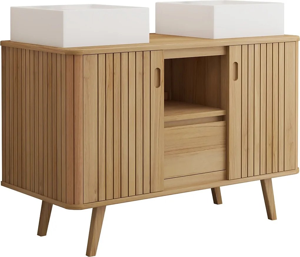 Szafka łazienkowa na nóżkach z drewna tekowego z podwójną kwadratową umywalką ceramiczną nablatową - 120 cm - WAMENA