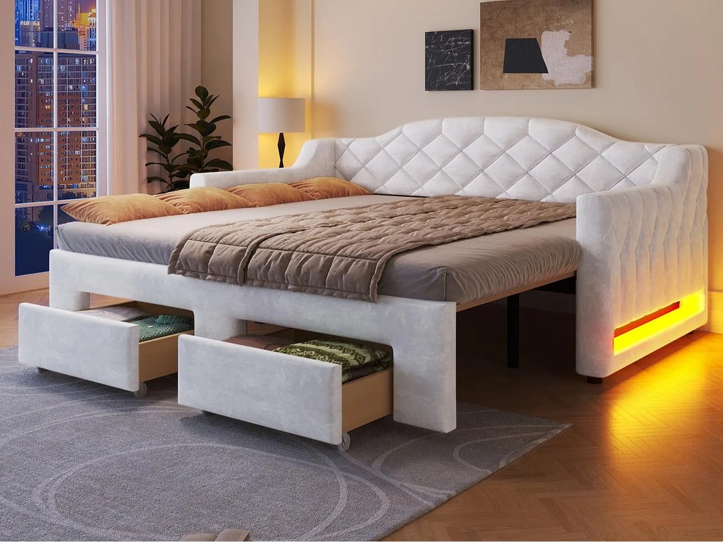Tapicerowana sofa z łóżkiem 90x200cm - Rozszerzalna do 180x200cm - Łóżko chowane - Z 2 szufladami i oświetleniem LED - Biały​ (bez materaca)