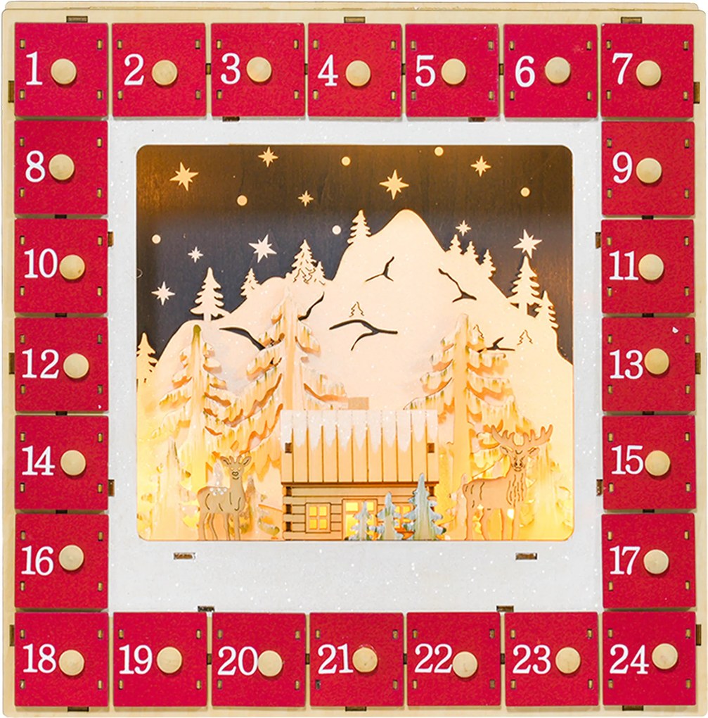 HOMCOM Kalendarz Adwentowy LED z Sceną Wiejską, 24 Duże Szuflady, MDF, 34 x 7 x 34 cm, Czerwony