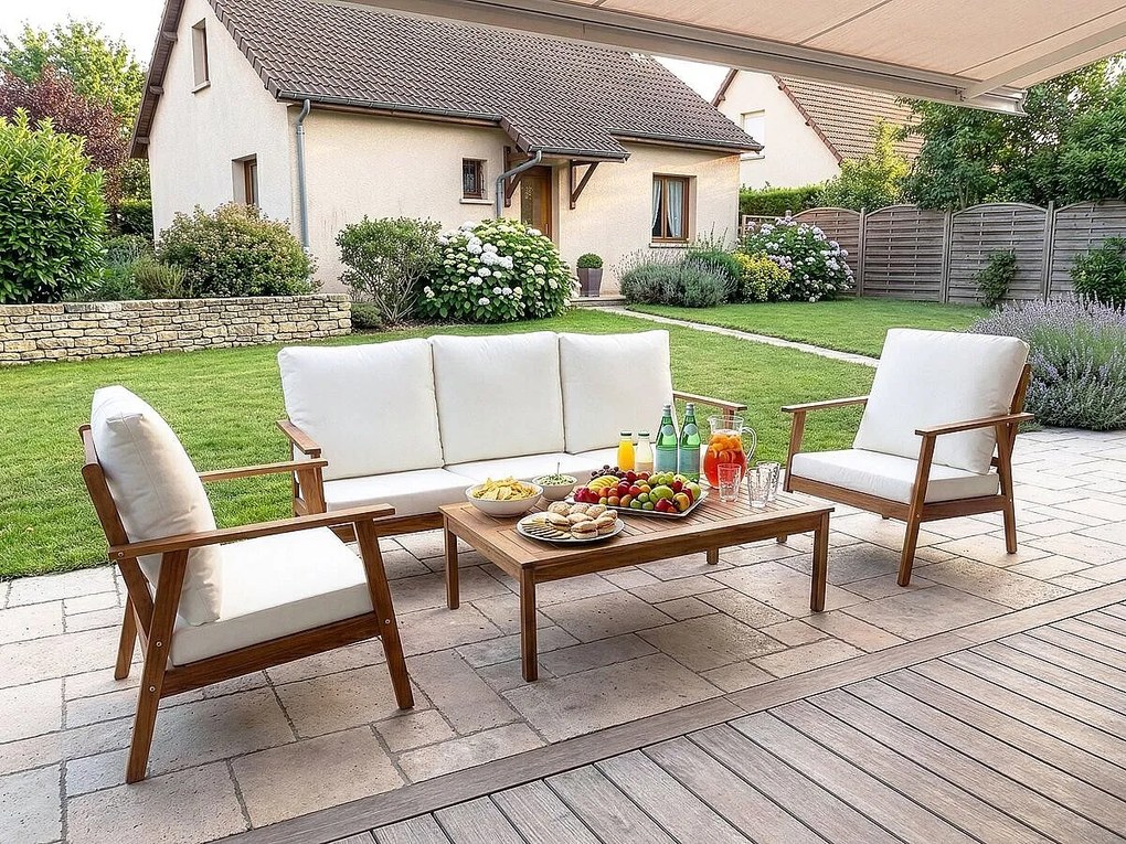 Zestaw mebli ogrodowych 5-osobowy z olejowanego drewna akacjowego z beżowymi poduszkami "Chilwell" – Komfort i elegancja na zewnątrz