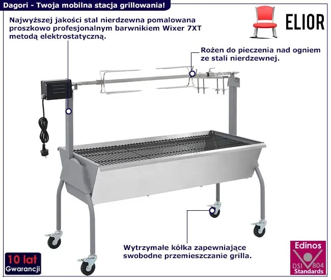 Srebrny ogrodowy grill z rożnem do pieczenia C5-C60