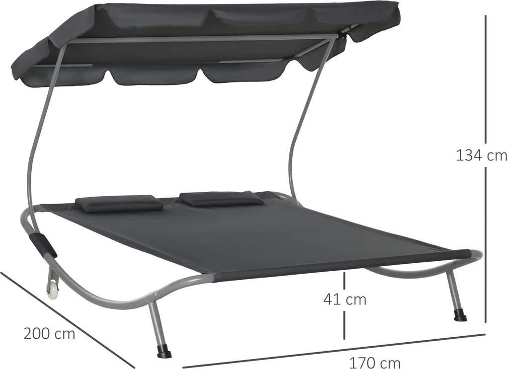 Outsunny Podwójny Leżak Ogrodowy z Dachem Stalowy Składany Szary 200x170x134cm | Aosom PL