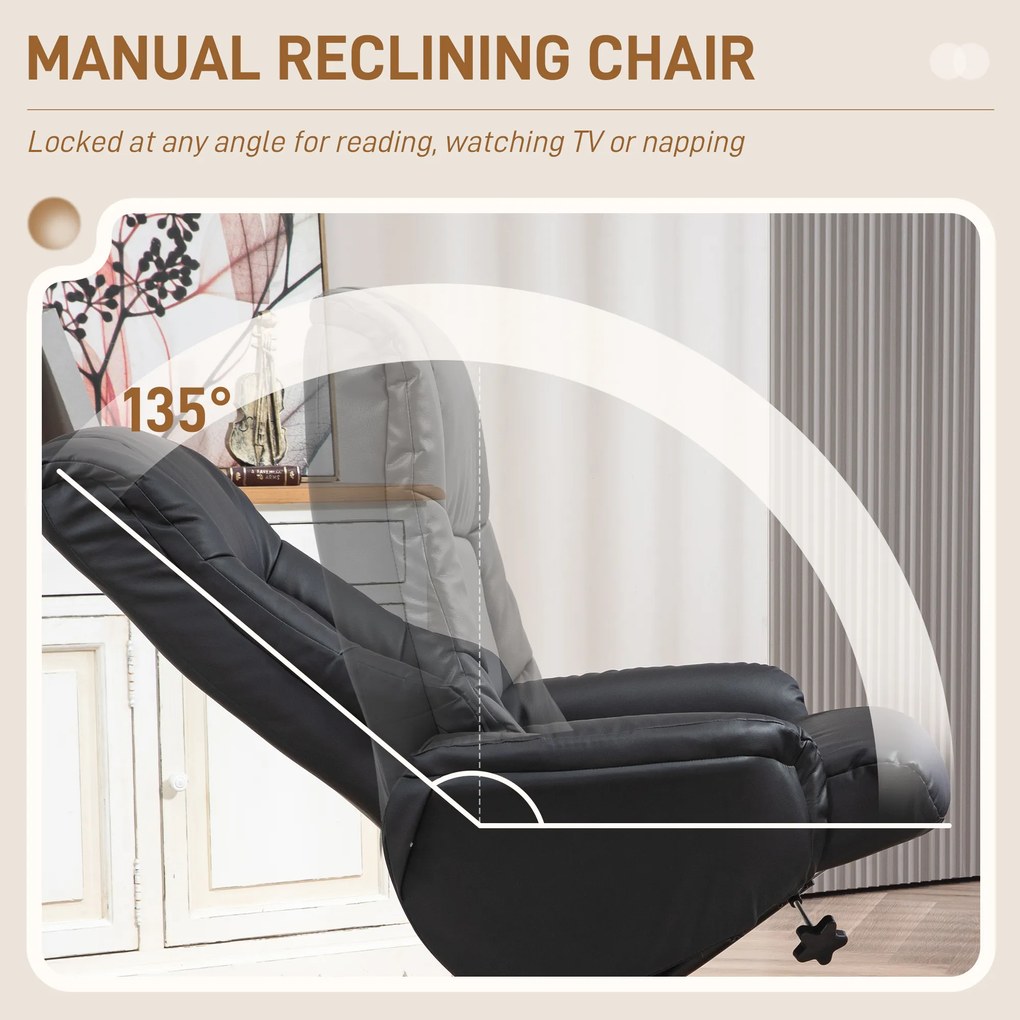 HOMCOM Fotel Wypoczynkowy z Podnóżkiem, Funkcja Leżenia, Pokrycie ze Skóry Ekologicznej, do 150 kg, 71 x 84 x 102 cm, Czarny