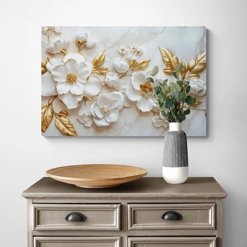 Obraz 3D kwiaty ze złotymi liśćmi