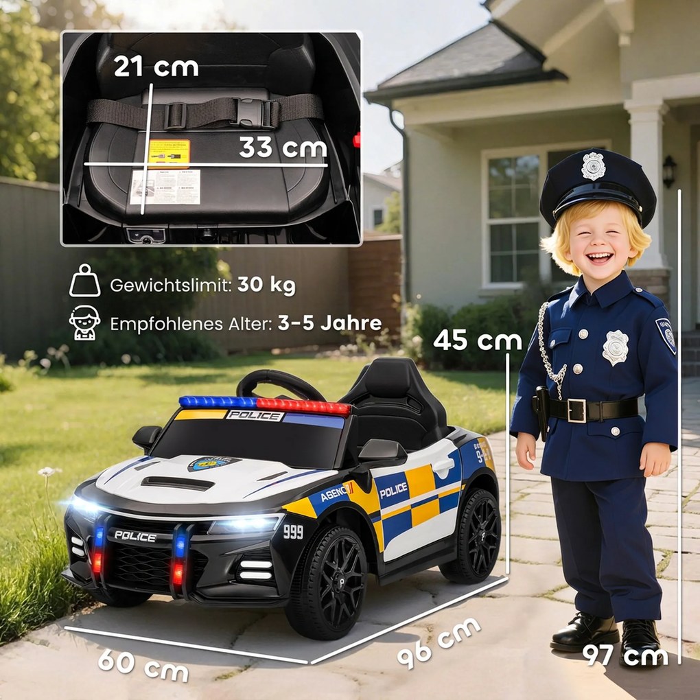 AIYAPLAY 12V Elektryczny samochód policyjny dla dzieci z pilotem, syrena, migające światło, muzyka i klakson, podwójne silniki, zawieszenie Biały | Aosom PL