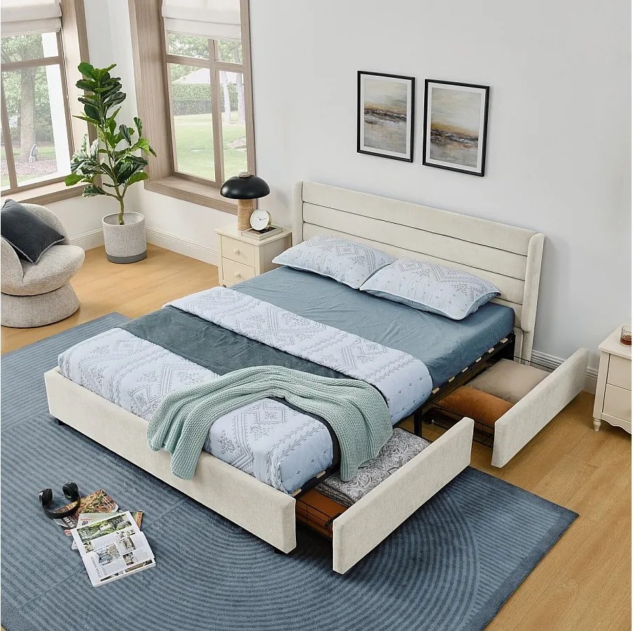 Łóżko dla dorosłych 140x200 cm Łóżko podwójne z 4 szufladami i stelażem - beżowy szenil (bez materaca)