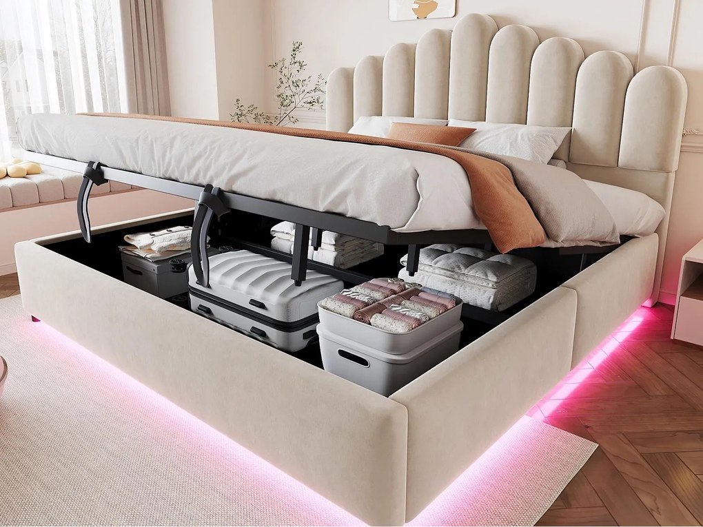 Łóżko skrzyniowe tapicerowane 180 × 200 cm - z oświetleniem LED - stelażem listwowym - tkaniną welurową - beż (materac nie wliczony)