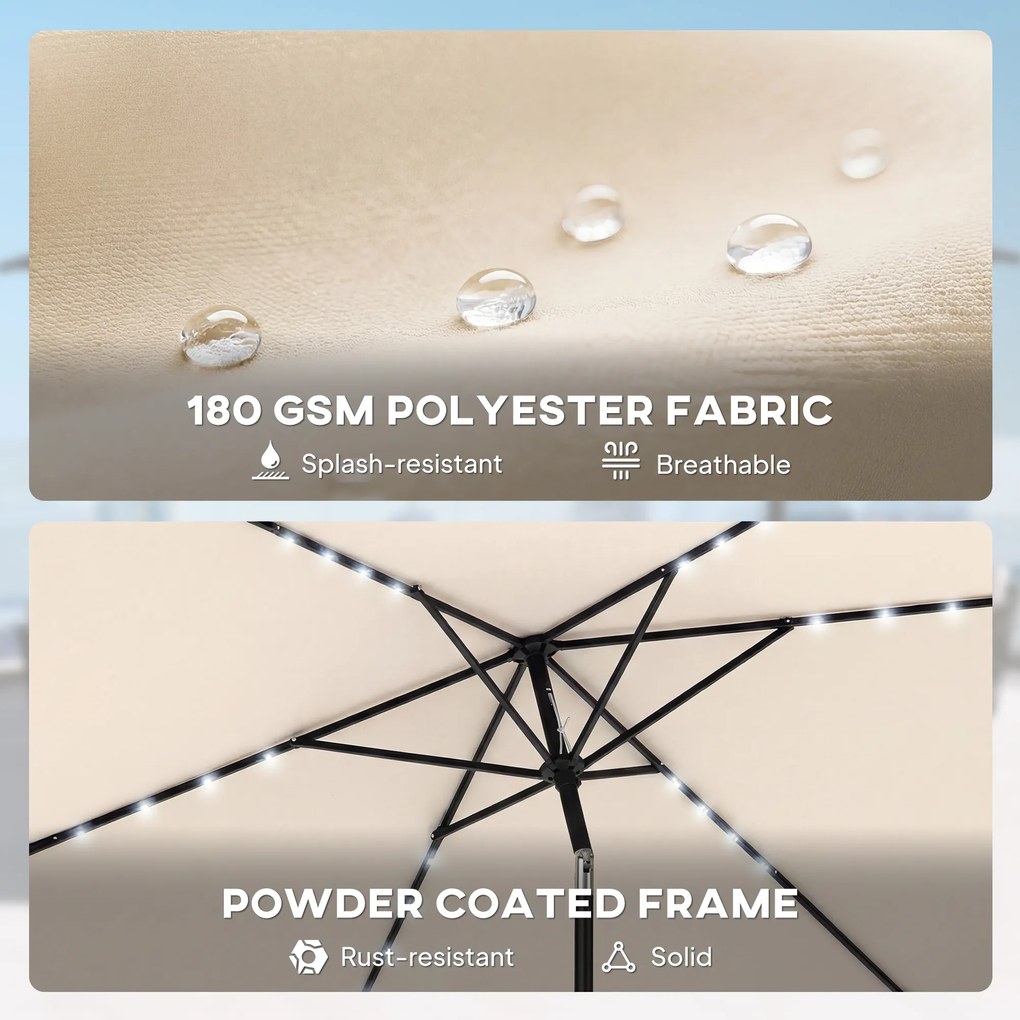 Outsunny Parasol LED Solarny ok. 300 x 200 cm regulowany Parasol Balkonowy z Korbką Pokrowiec UV Ochrona Obracany Kremowy | Aosom PL