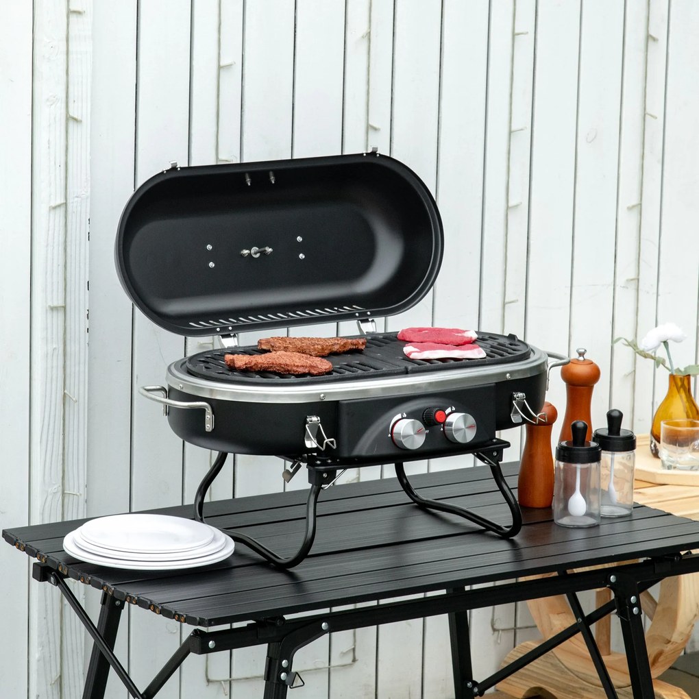 Outsunny Składany Grill Gazowy 2,34 KW BBQ z 2 Palnikami ze Stali Nierdzewnej Regulatorem Ciśnienia 66 x 34,5 x 37 cm Czarny
