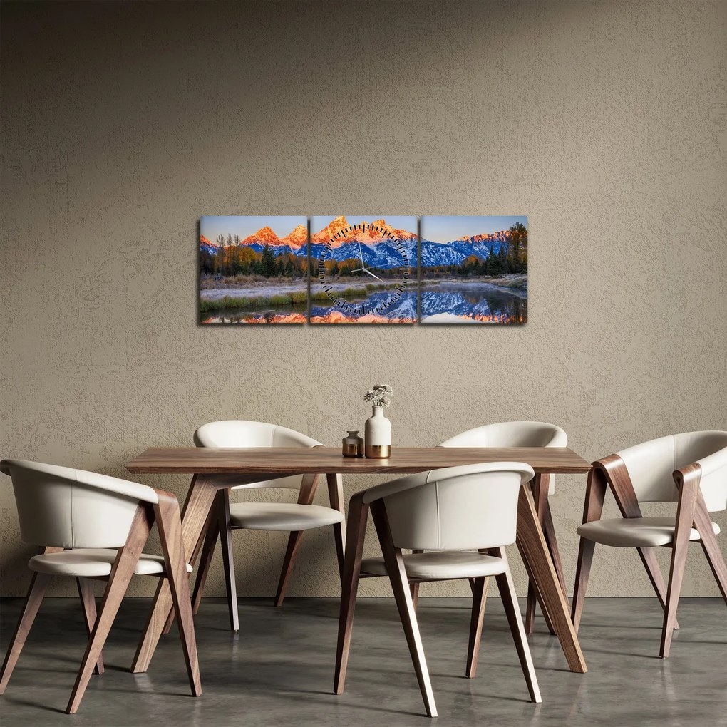 Obraz ośnieżonych szczytów górskich (z zegarem) (90x30 cm)