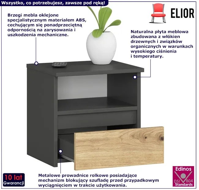 Klasyczna szafka nocna z szufladą szary + dąb artisan - Morivo
