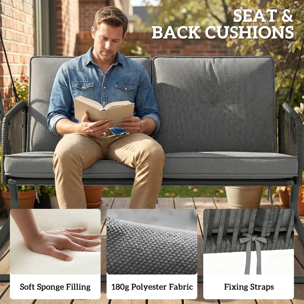 Outsunny Huśtawka rattanowa 2-osobowa z regulowanym daszkiem, miękką poduszką, stelażem A | Aosom PL