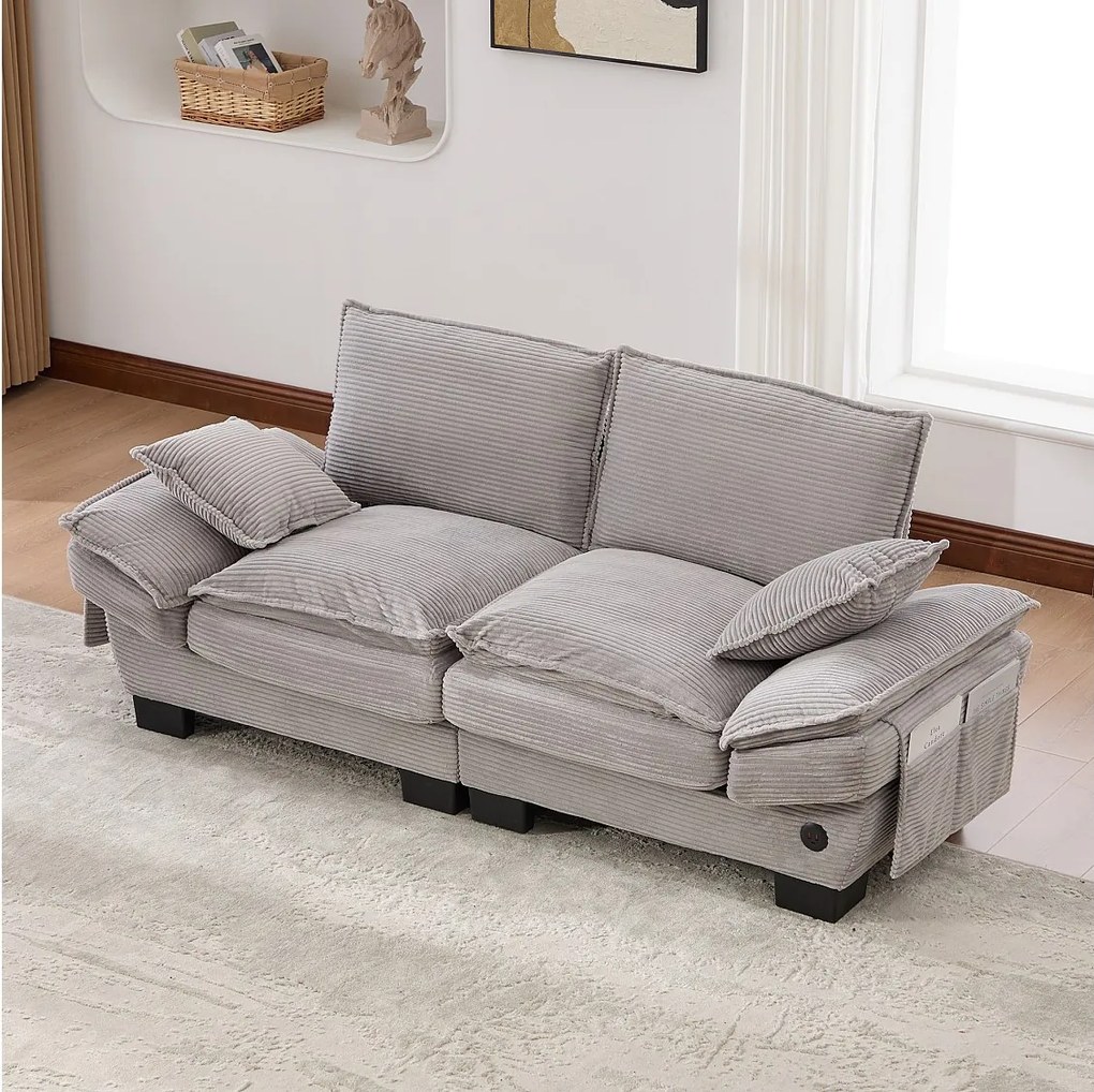 Sofa dwuosobowa z kordu - 190 x 73 x 84 cm - z portem USB i kieszeniami - wypełnienie z pianki - jasnoszara