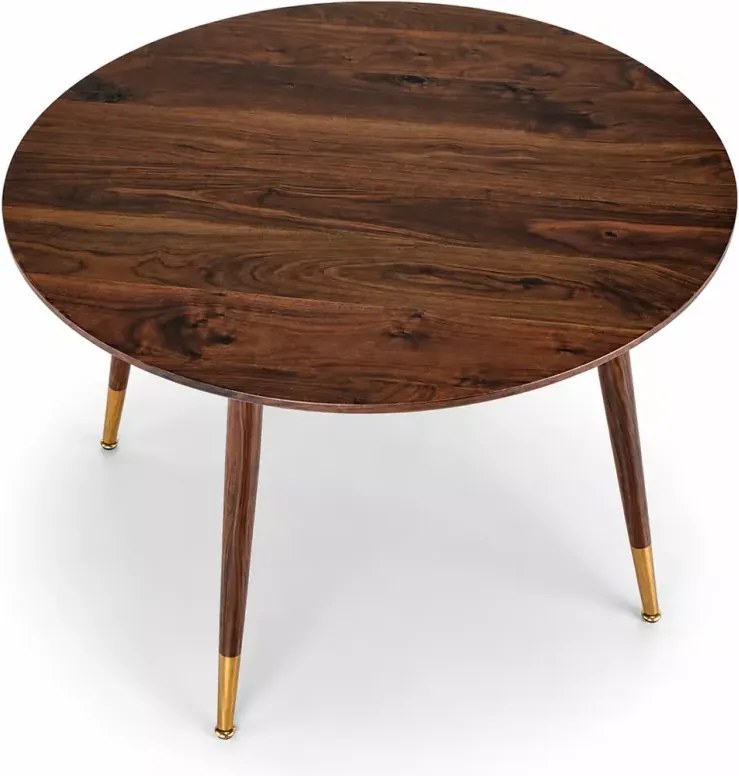 Okrągły stół Hestiano 110 cm w kolorze orzechowym z MDF i złotymi detalami do jadalni