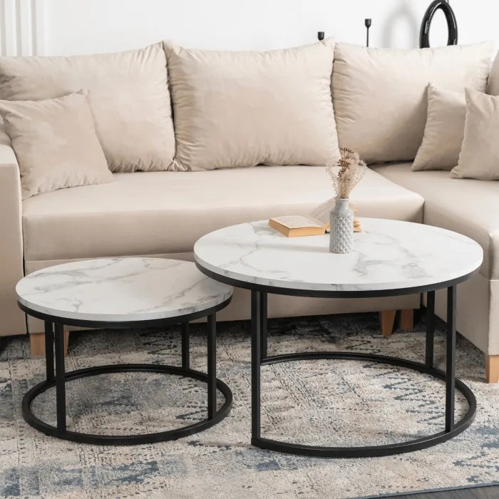 Zestaw Stolików Kawowych DAFNE MAX 60 cm/80 cm Biały Marmur Nowoczesny Glamour
