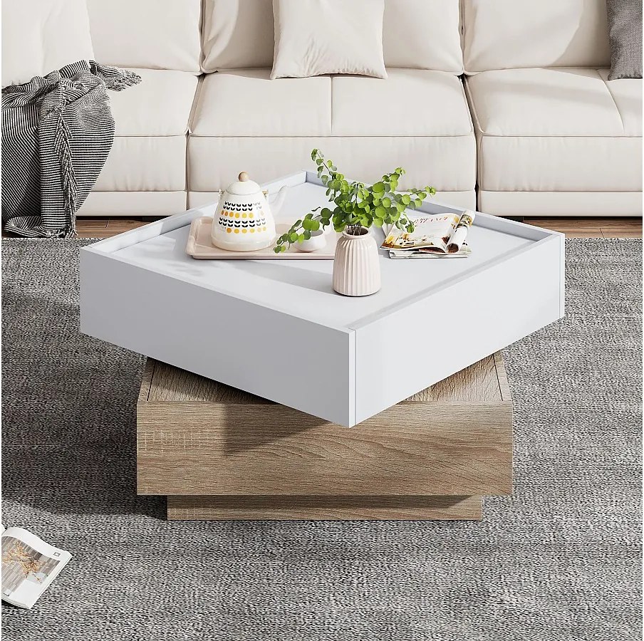 Stolik kawowy kwadratowy z obrotowym blatem 360° - 60 x 60 x 38 cm - Płyta wiórowa - Biały + Orzech naturalny