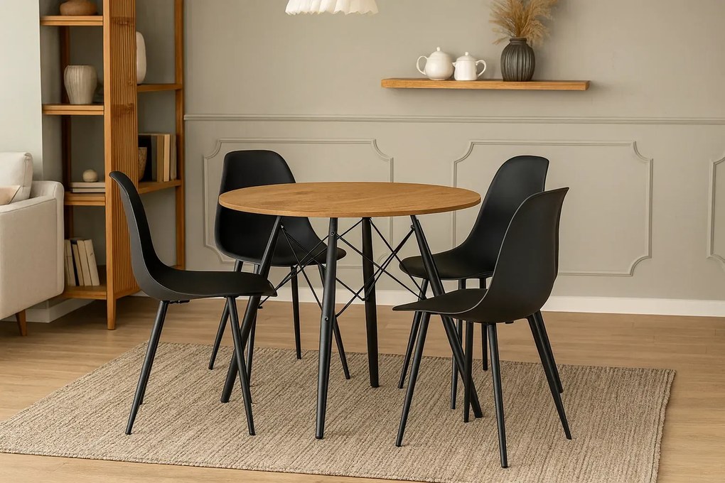 Okrągły nowoczesny stół z 4 czarnymi krzesłami  R8-N21