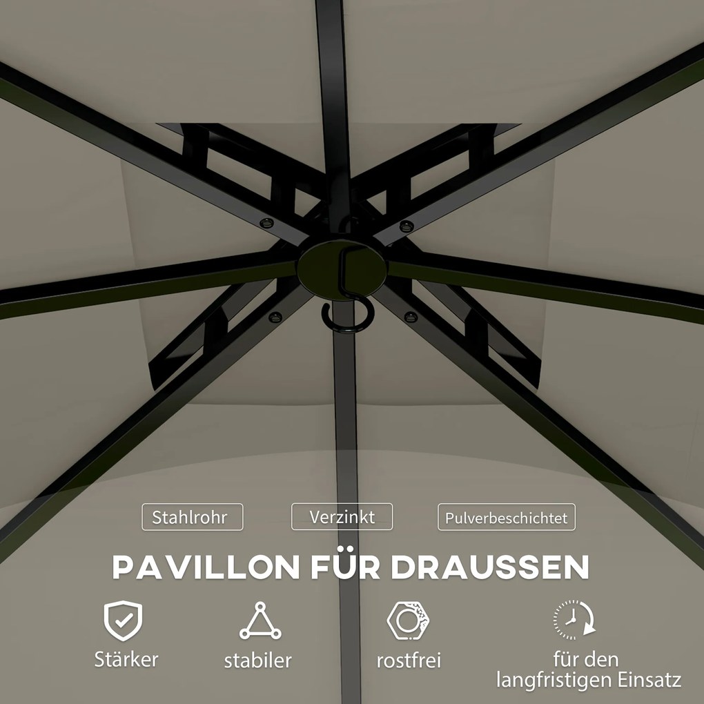 Outsunny 3,4x3,4 m Pawilon Ogrodowy z Wentylacyjnym Dachem, Oknami Łukowymi, Stalowym Stelażem, Jasnoszary