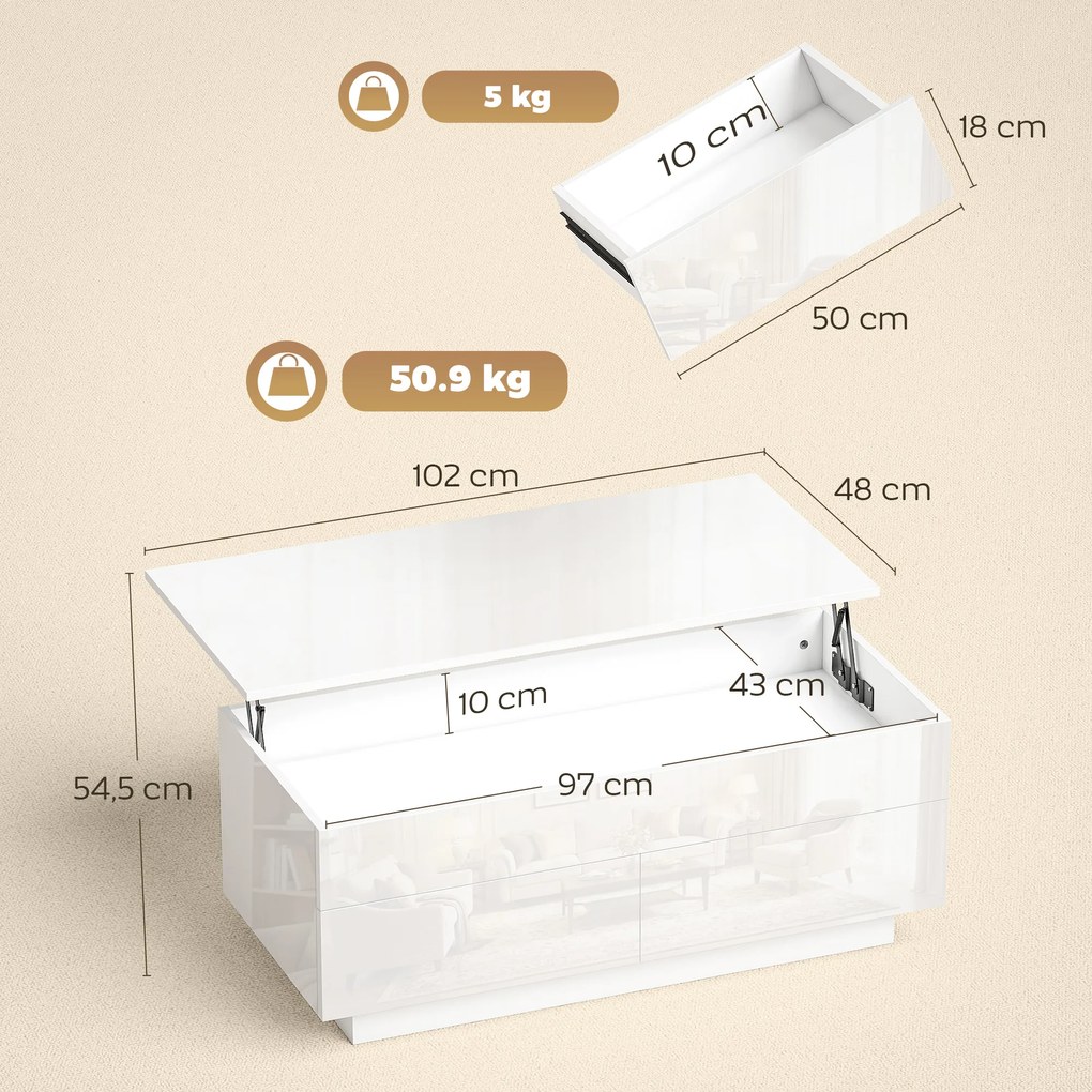HOMCOM Stolik kawowy regulowany, nowoczesny stolik do salonu z ukrytym schowkiem i 2 szufladami, biały wysoki połysk | Aosom PL