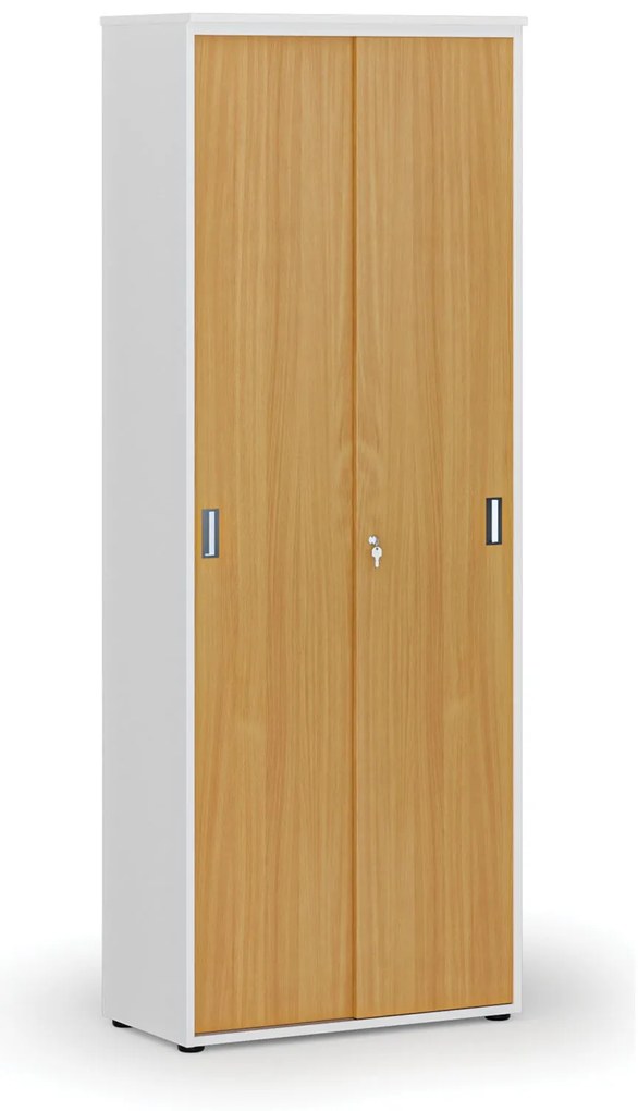 Szafa biurowa z drzwiami przesuwnymi PRIMO WHITE, 800 x 420 x 2128 mm, biały/buk