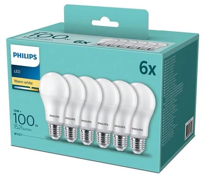 SET 6xLED Żarówka Philips A60 E27/13W/230V 2700K