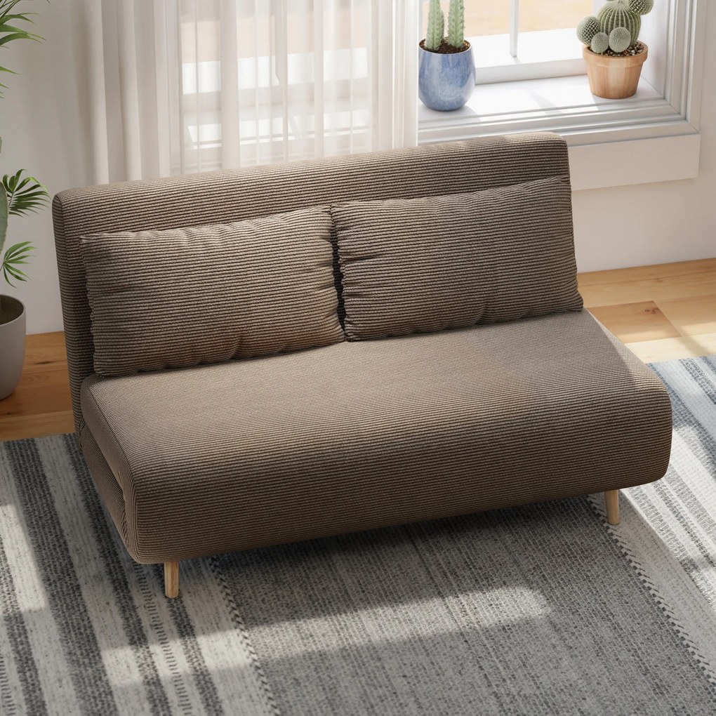 HOMCOM Sofa rozkładana, łóżko dla gości, 3-stopniowe regulowane oparcie, sztruksowy wygląd, do 120 kg, 141 x 90 x 81 cm, ciemnobrązowa | Aosom PL