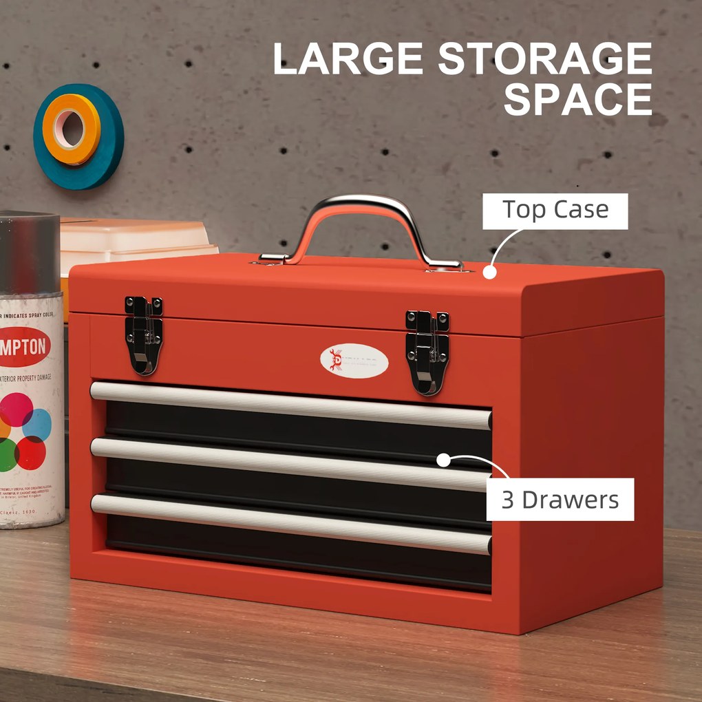 DURHAND Skrzynka narzędziowa z 3 szufladami, 1 komorą, solidne stalowe zamki, 45 x 24 x 27 cm, Czerwona