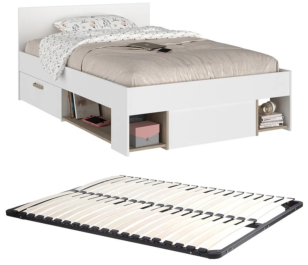 Łóżko 120 x 190 cm  ze skrzynią i - Biały i naturalny + Stelaż - KINSELIA