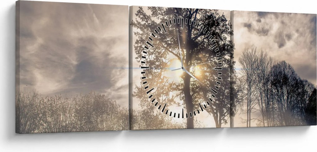 Obraz drzewa we mgle (z zegarem) (90x30 cm)