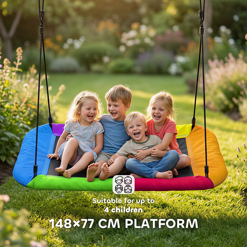 AIYAPLAY Huśtawka typu gniazdo regulowana do 300 kg z regulowanymi linami dla dzieci w wieku 3-8 lat 148x77x180 cm wielokolorowa | Aosom PL