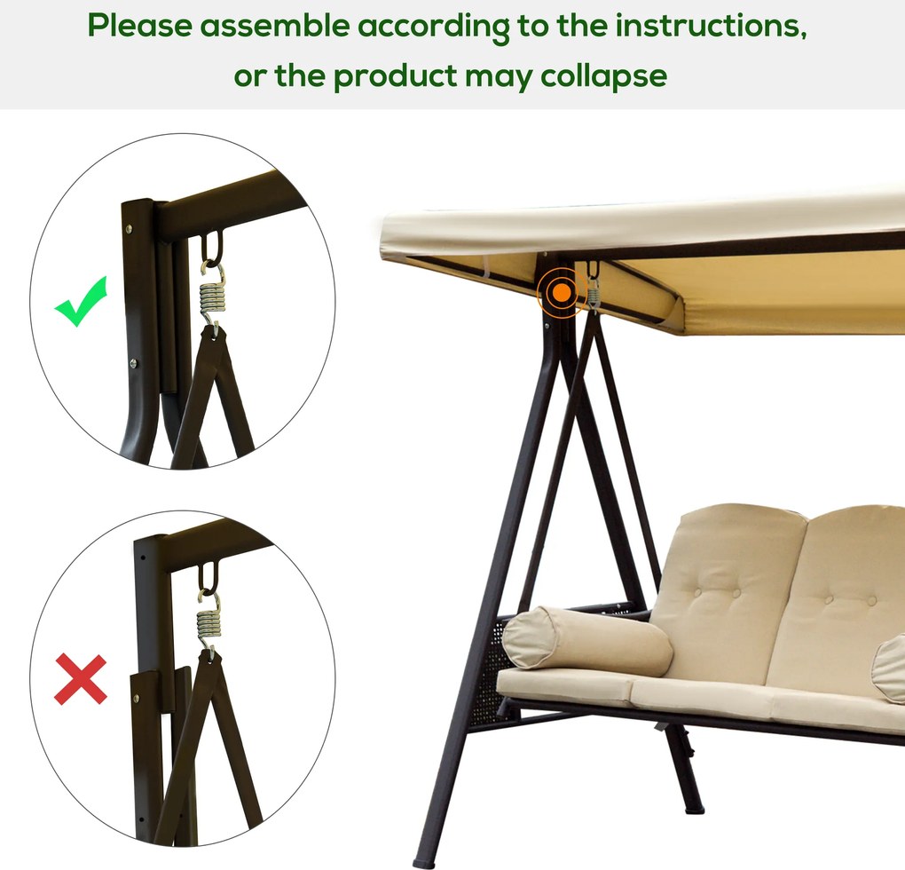 Huśtawka ogrodowa Outsunny 3-osobowa z dachem, beżowo-brązowa, 121×208×172 cm