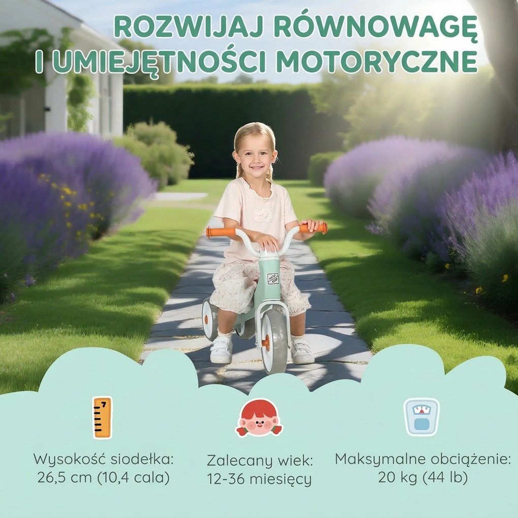AIYAPLAY Rowerek biegowy dla maluchów, 3 ciche koła, 12–36 mies., do domu i na dwór, zielony
