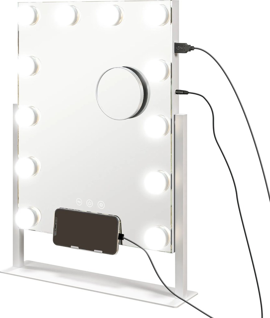 HOMCOM Lustro Kosmetyczne LED, 3 Tryby Światła, Dimmable, Sterowanie Dotykowe, USB, 37x46 cm, Białe